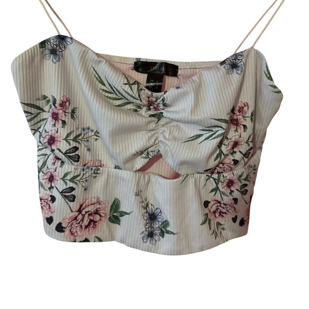 Streetwear society size L crop top white floral detail peek a boo cutout